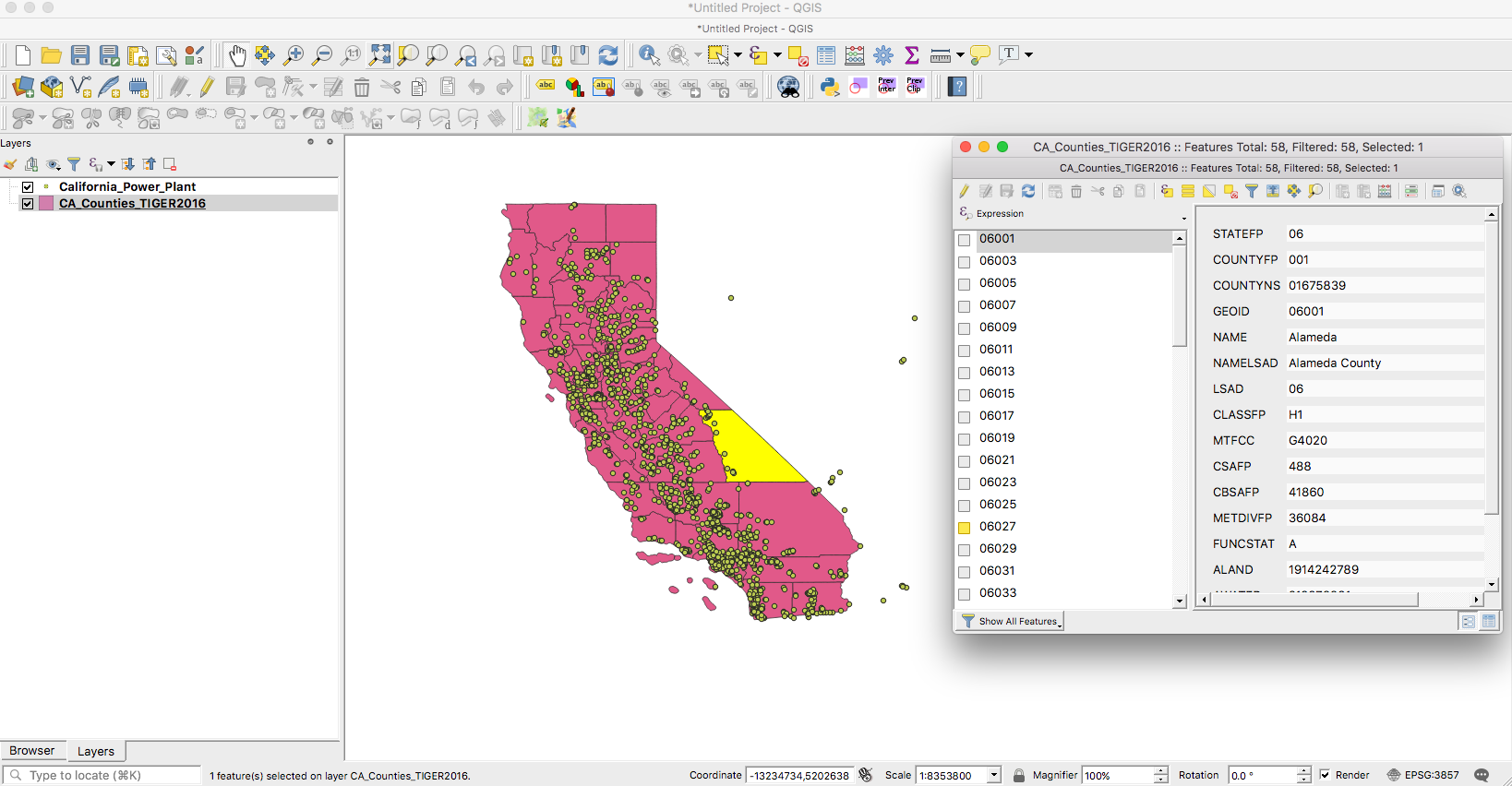 Selecting features from the attribute table