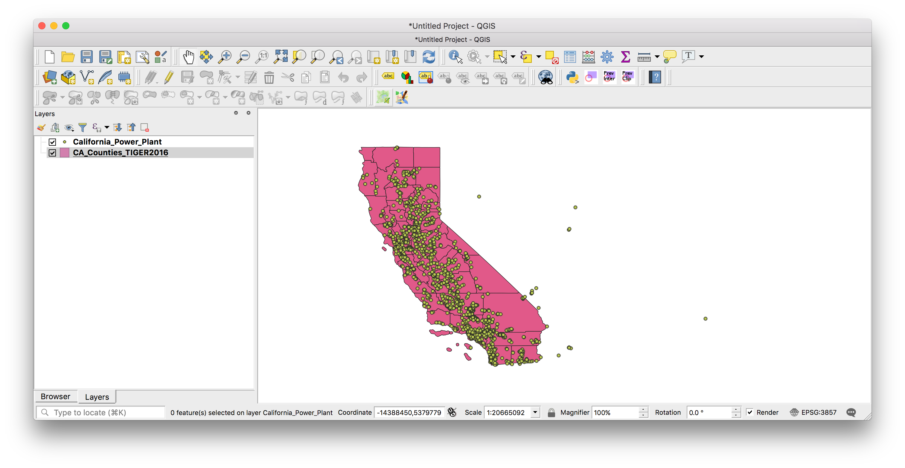 Selecting a shapefile in the layers panel