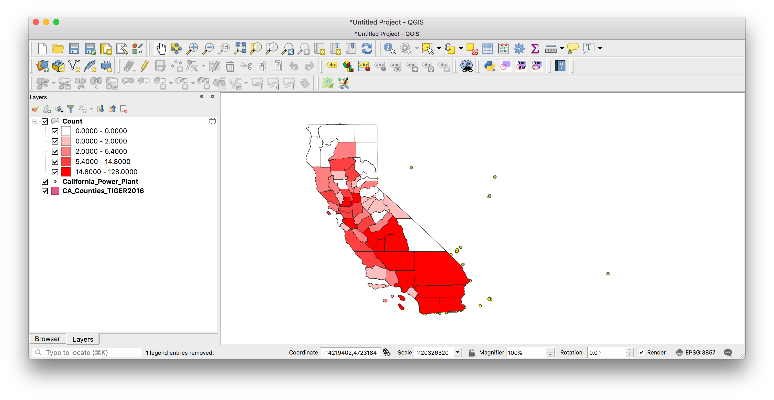 Choropleth map is coloured by how many solar power plants are in each county