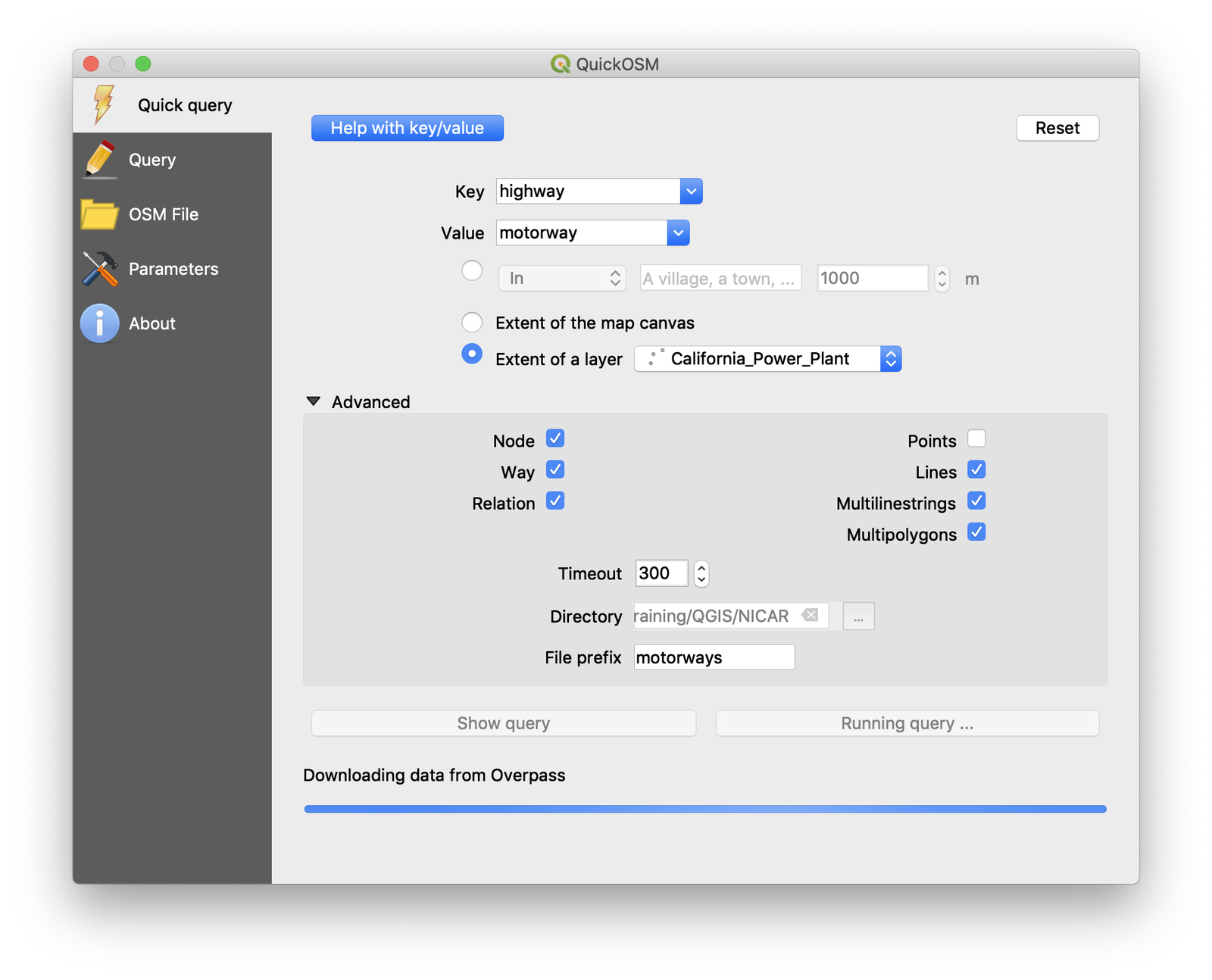 Running a QuickOSM query