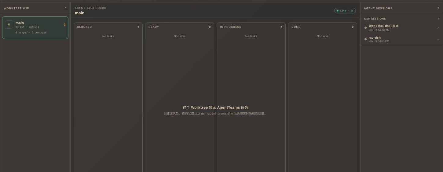 Worktree WIP, AgentTeams board and DSH sessions