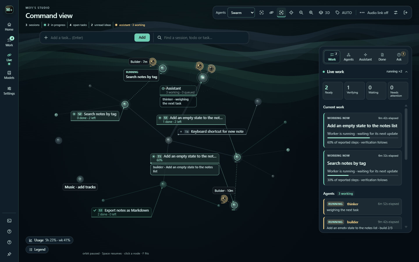 Command view: sessions, tasks and agents as a 3D node tree, with the Live work panel on the right