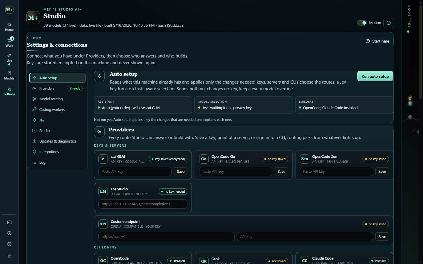 Settings: auto setup and Providers (API keys, local servers, CLI logins), with model routing and coding workers in the side list