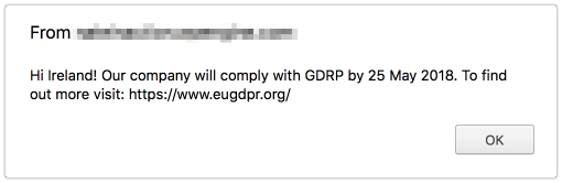 Alert showing GDPR compliance notice to an Irish visitor