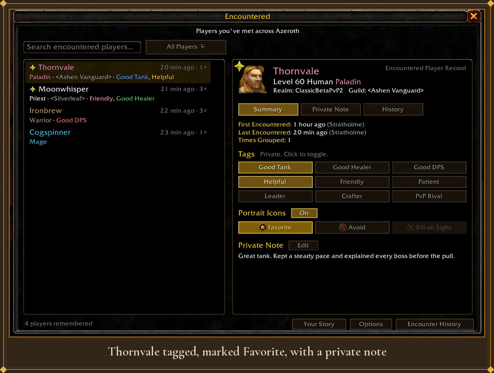 Thornvale's record with a private note