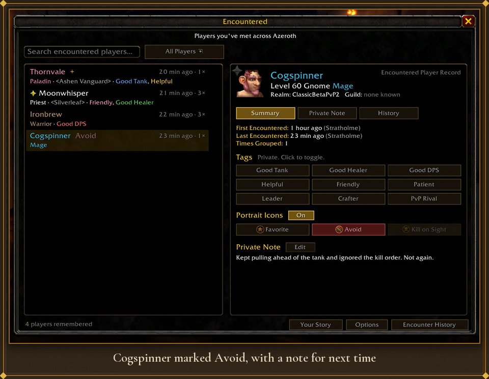 Cogspinner marked Avoid, with a note
