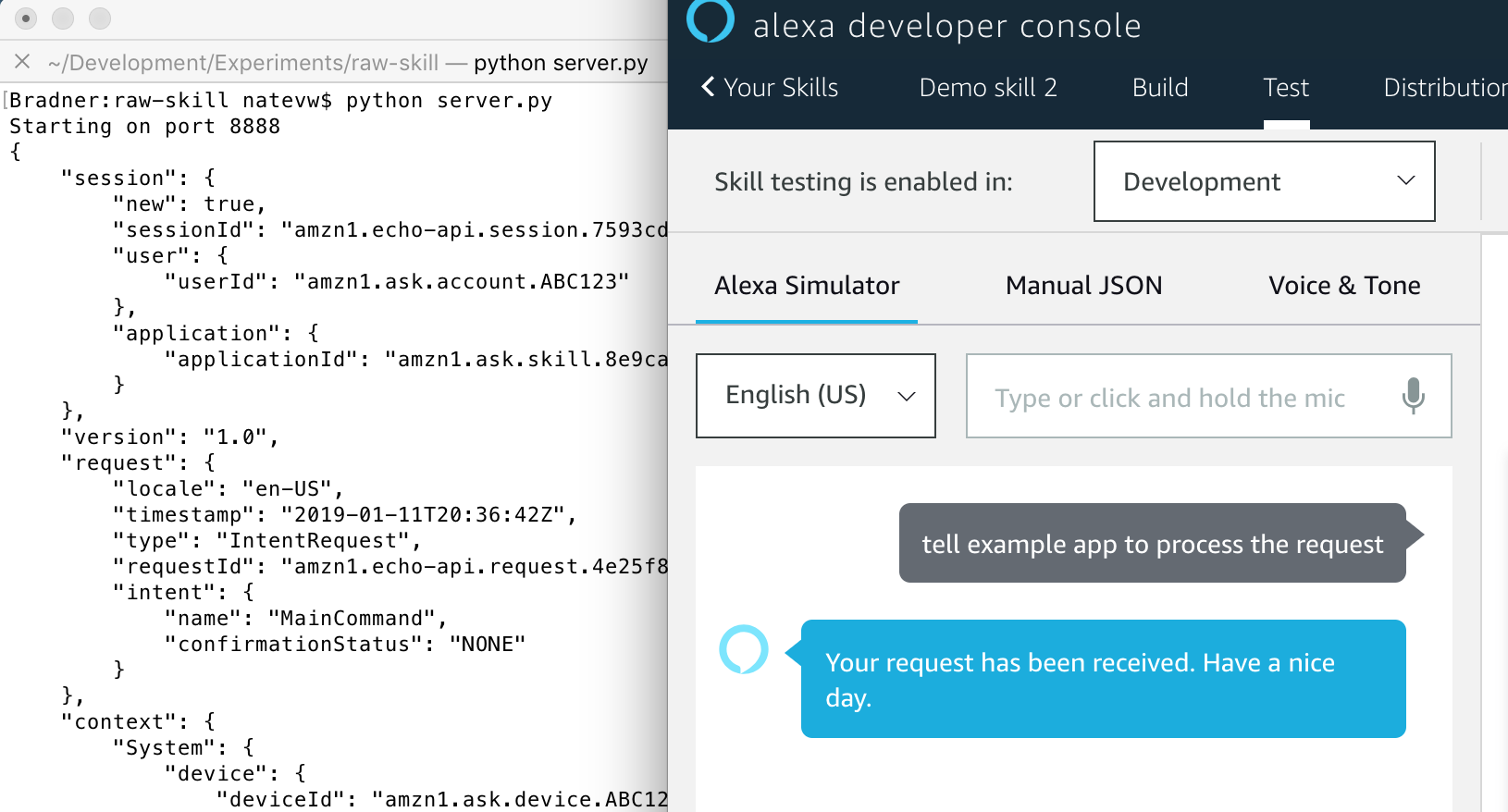 Showing sample output of Python script alongside Alexa developer console test invocation