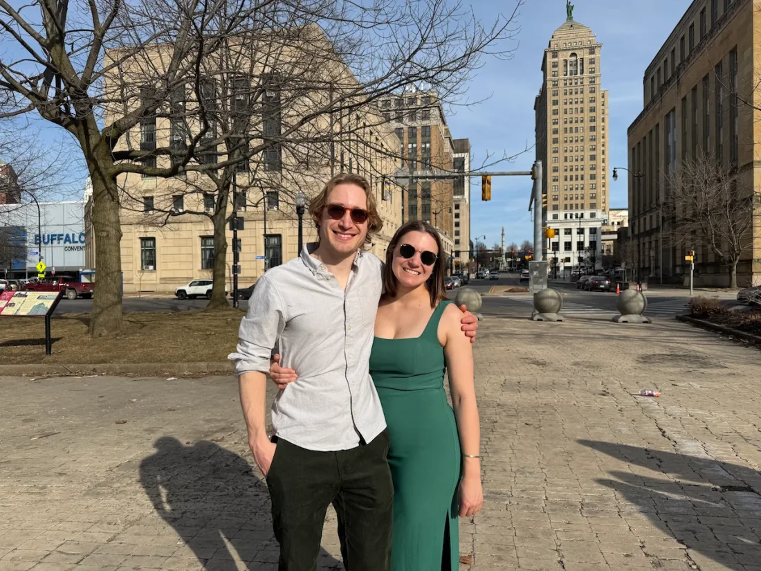 us, dressed up, at a buffalo city hall wedding (seriously, you should check out the view from the top floor)