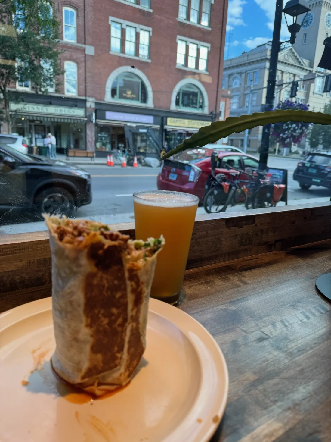 a colorado pork burrito with the bikes in montpelier