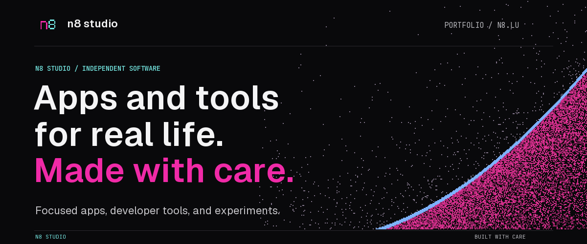 n8 studio — pixel n8 mark, Geist headline, and pink particle arc