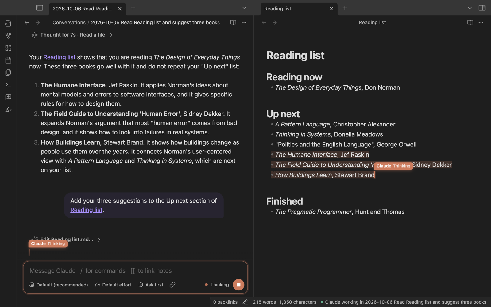 Claude edits the open reading list while the conversation continues