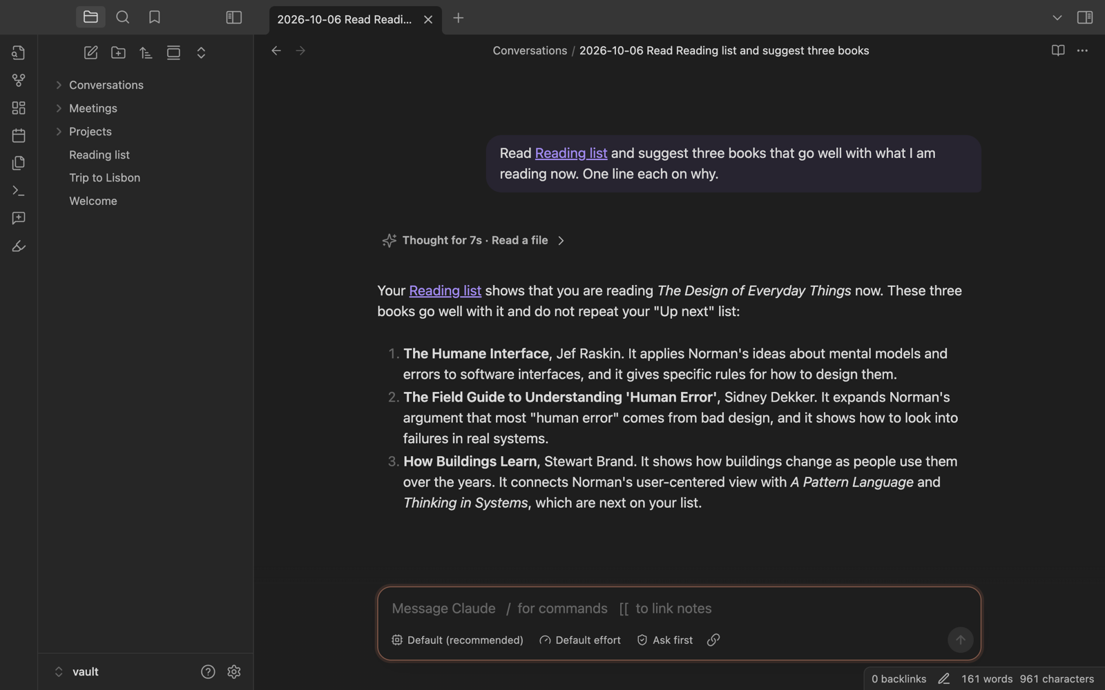 A conversation note with the message box