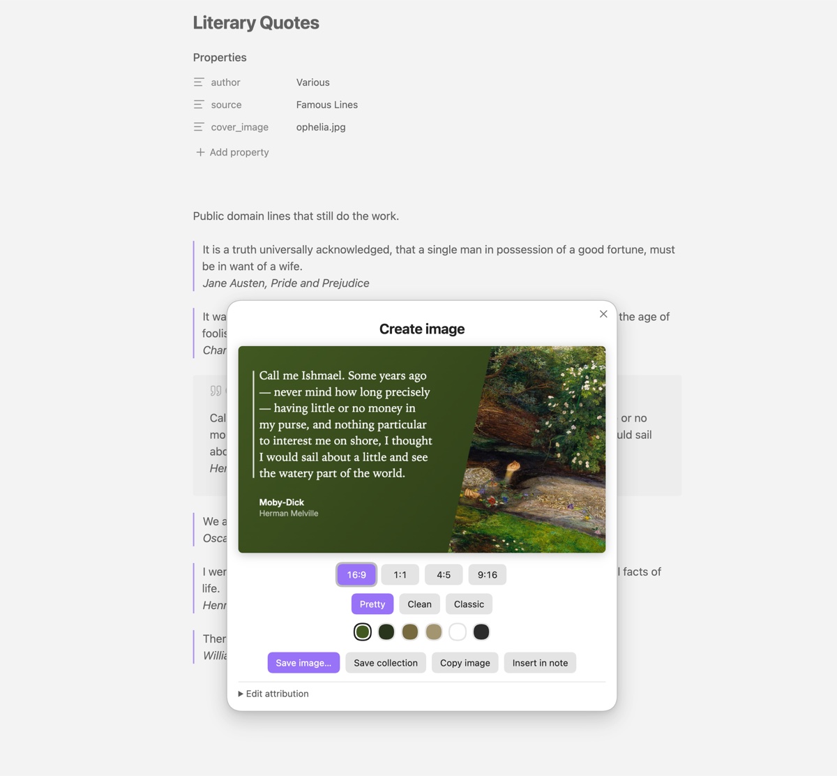 The Quotable share sheet open over a note, showing the live preview, ratio and style pickers, cover-derived colour swatches, and the export buttons