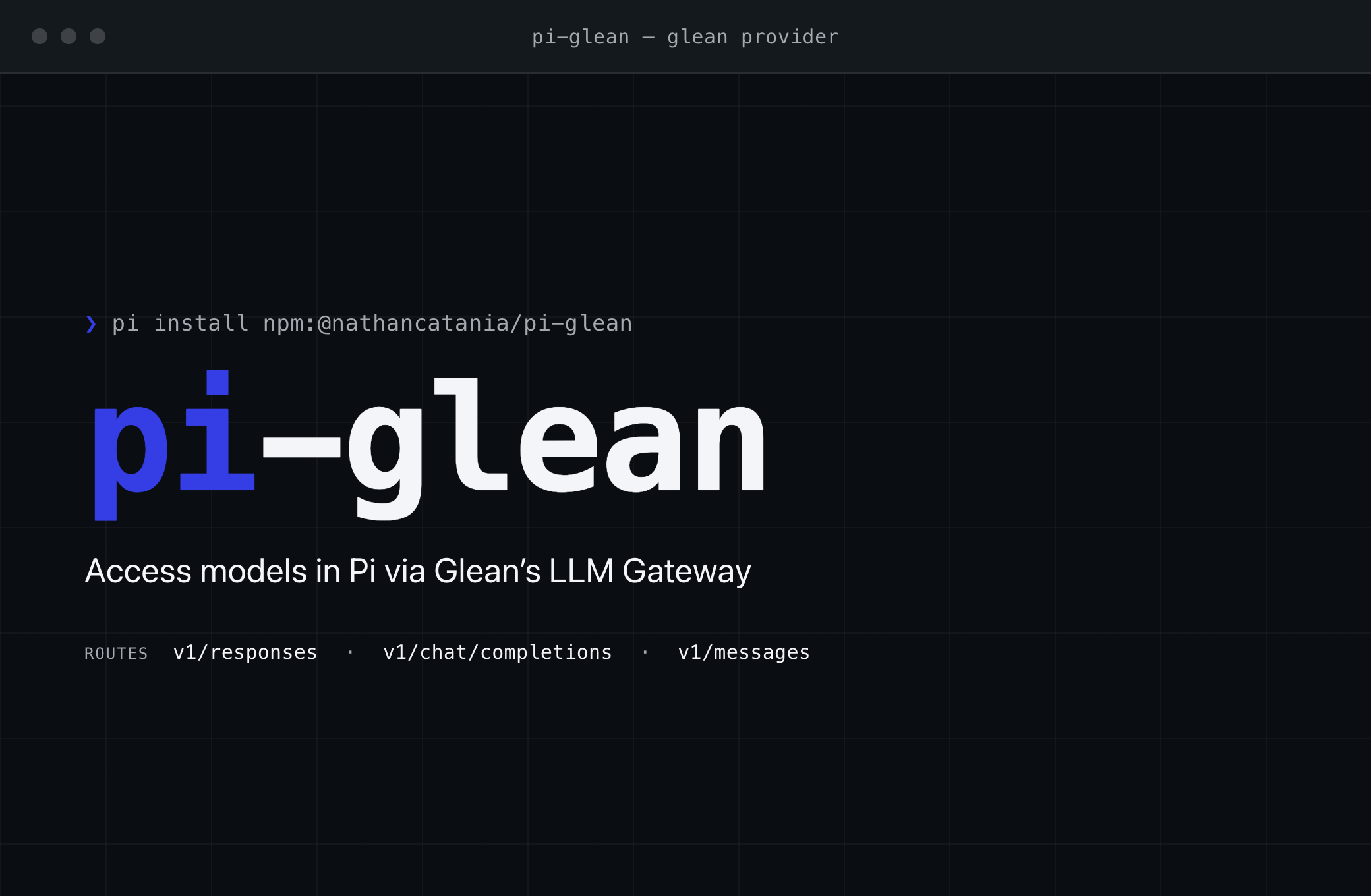 pi-glean banner: a dark terminal window with the pi-glean wordmark and a green "pi"