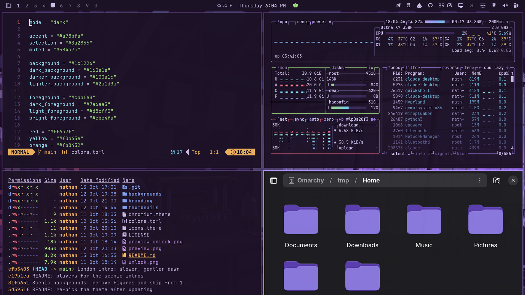 Ingolstadt 1792 on an Omarchy desktop: Neovim, btop, a terminal and Files in plum and lavender