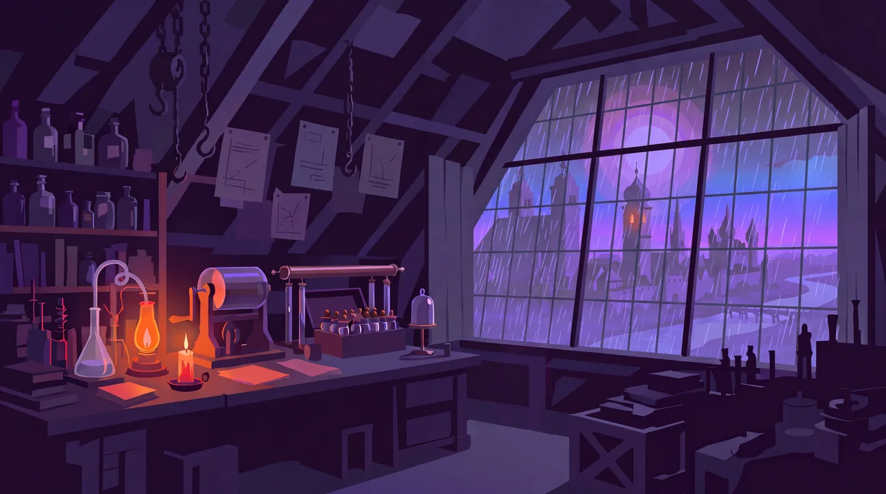 An attic laboratory at night, a candle on the bench, rain on the window, Ingolstadt beyond