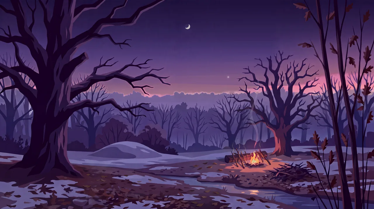 A small fire under bare oaks at winter dusk, wet branches drying beside it, a crescent moon above