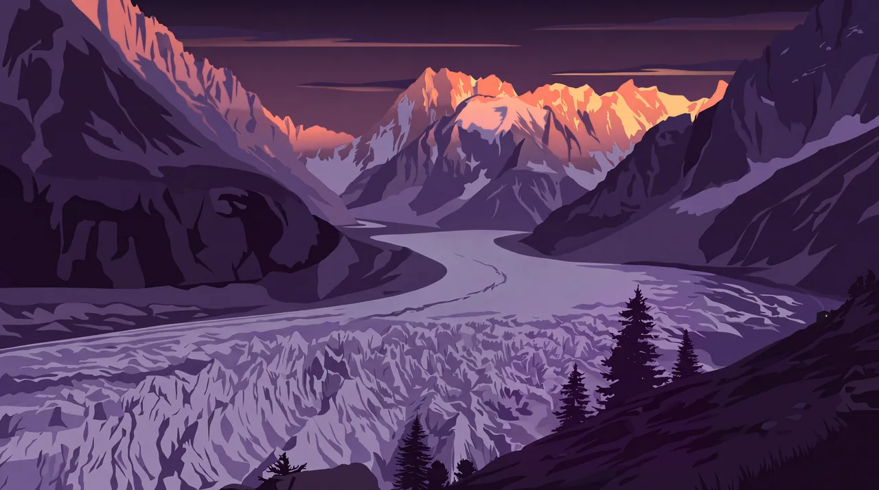 Sunset alpenglow over the Mer de Glace, a lit hut on the slope