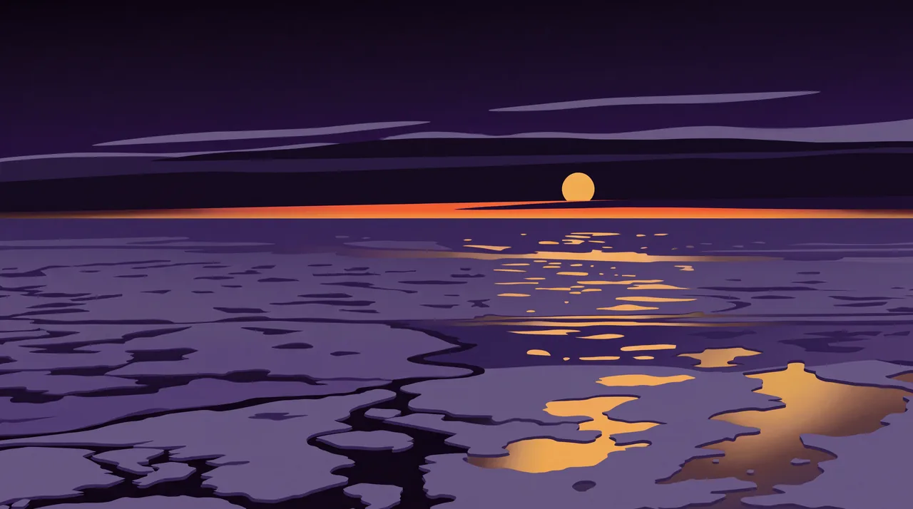 A low sun over Arctic pack ice, gold on the open water