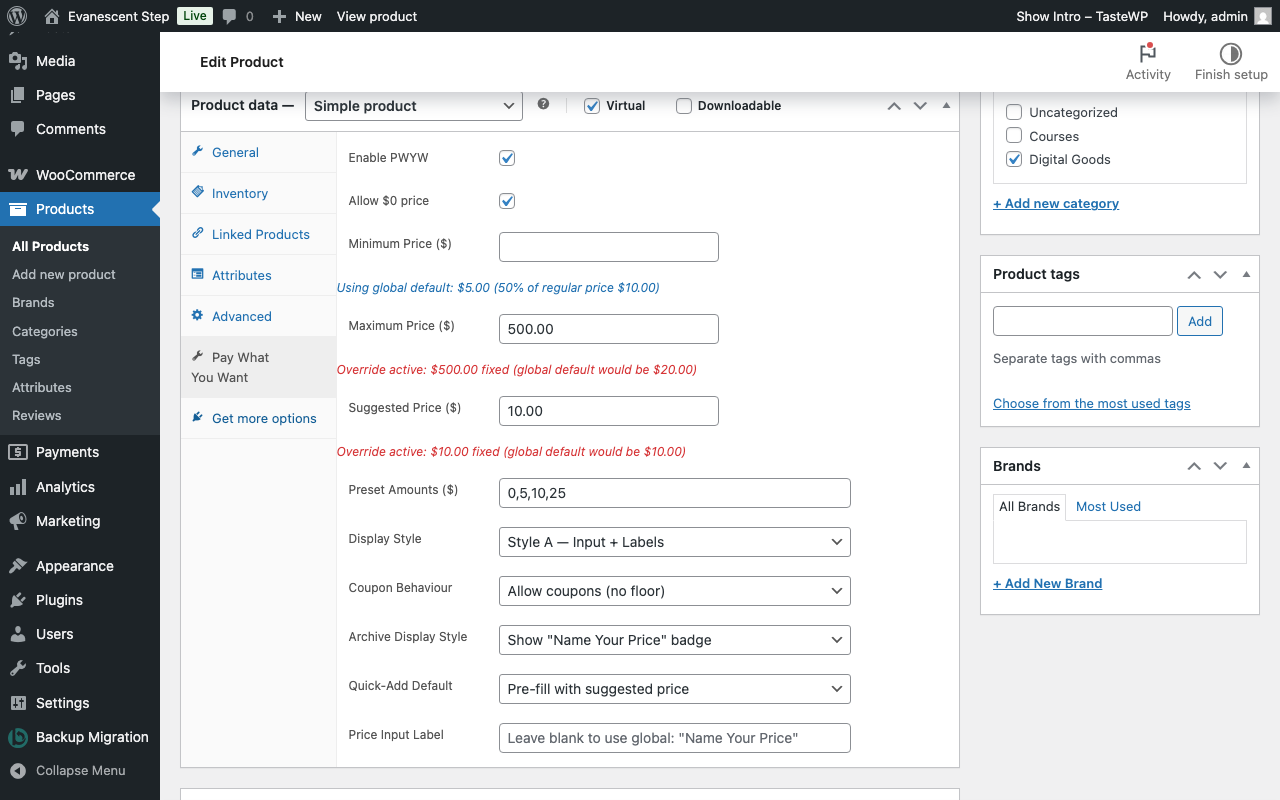 Product Editor — PWYW Settings