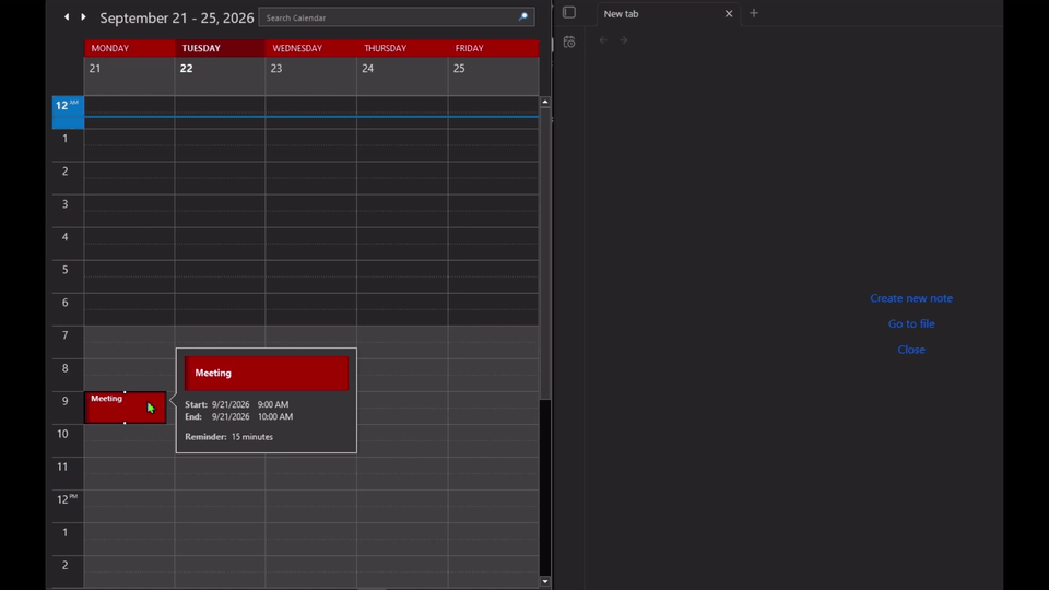 Demo: dragging an Outlook meeting onto the ribbon icon creates a note