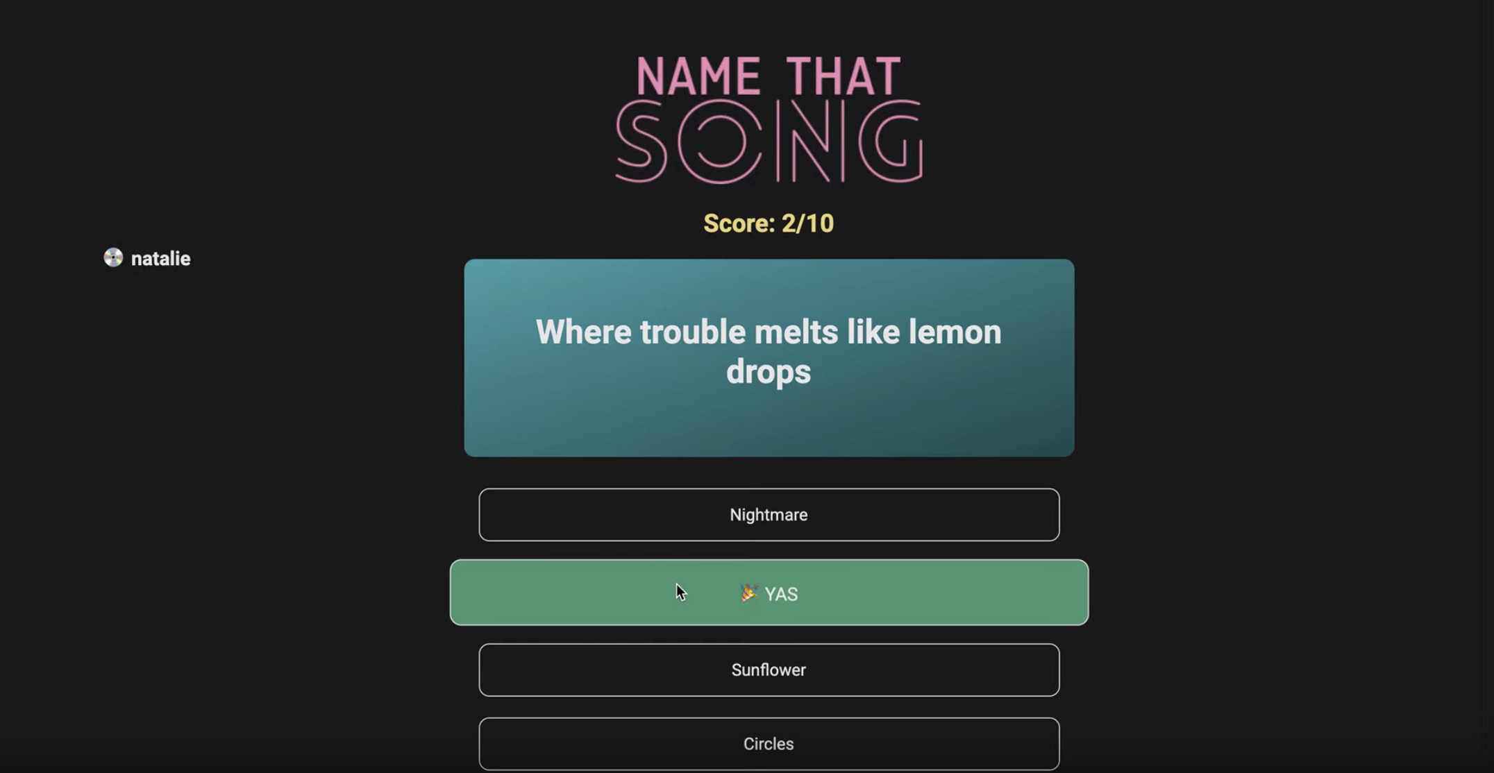 Lyrics Game correct selection