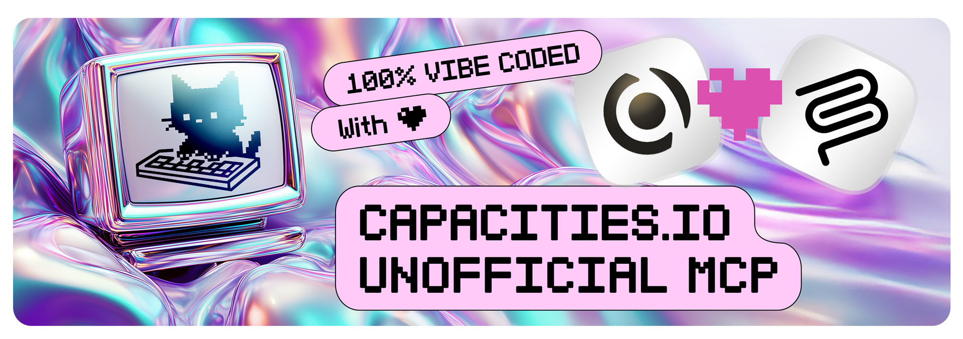 Banner showing pixel-art CRT cat and title “Capacities.io Unofficial MCP”