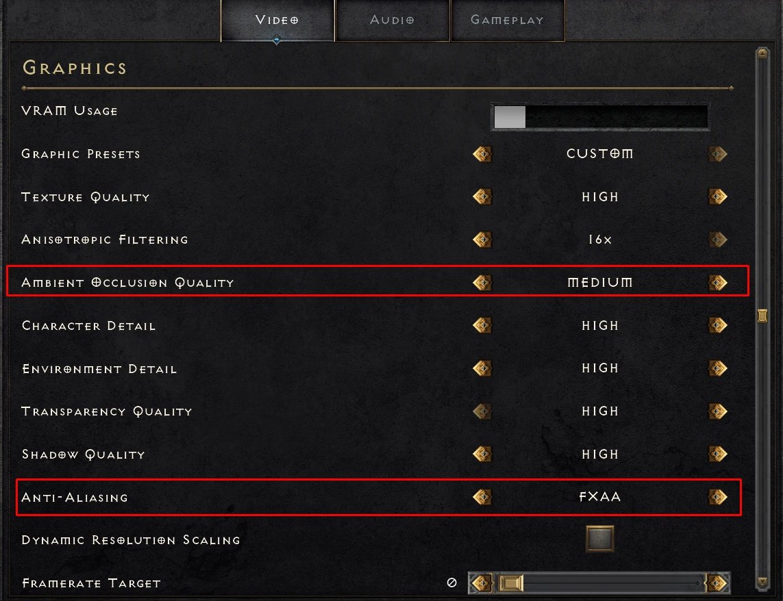 Diablo II: Resurrected's Video options with Ambient Occlusion Quality set to Medium and Anti-Aliasing set to FXAA, both outlined in red
