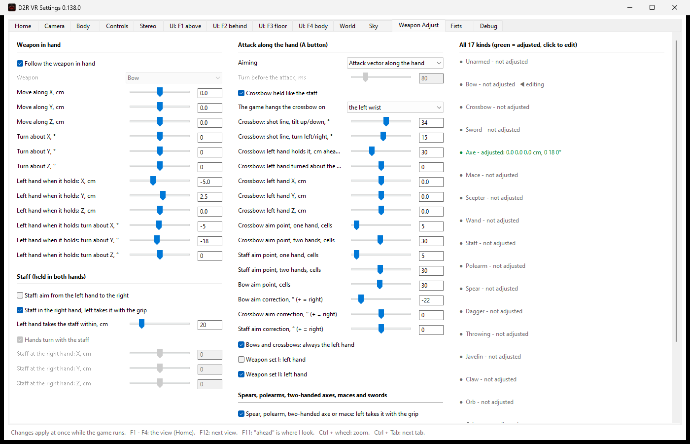 The Weapon Adjust tab of the D2R VR Settings program, with position and rotation sliders for each hand and a list of 17 weapon kinds, only the axe marked adjusted