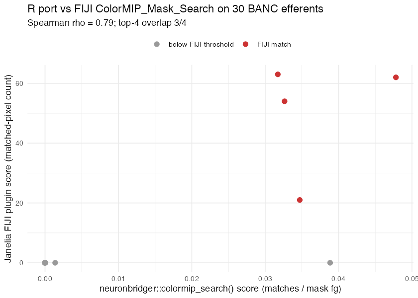 R port vs FIJI plugin scores (n=30)