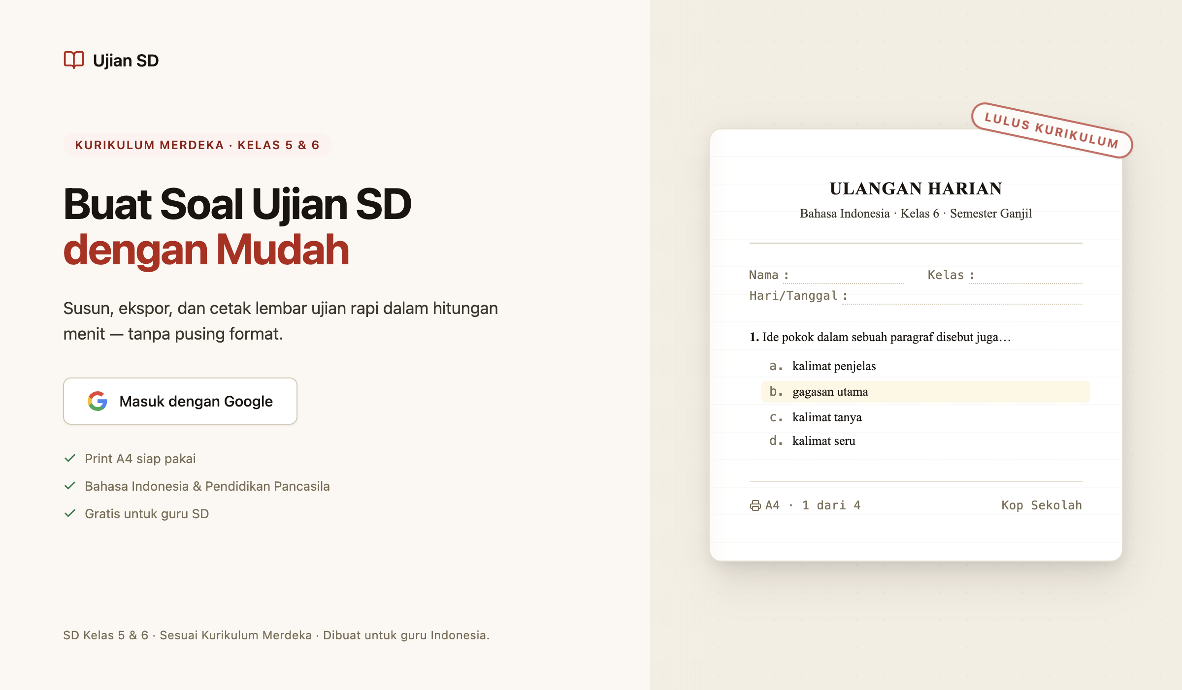Landing — masuk & contoh lembar A4