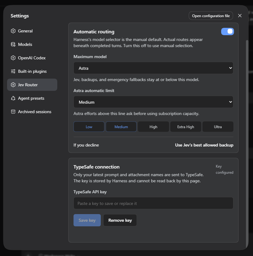 Jev Router settings showing the maximum model and Astra approval threshold