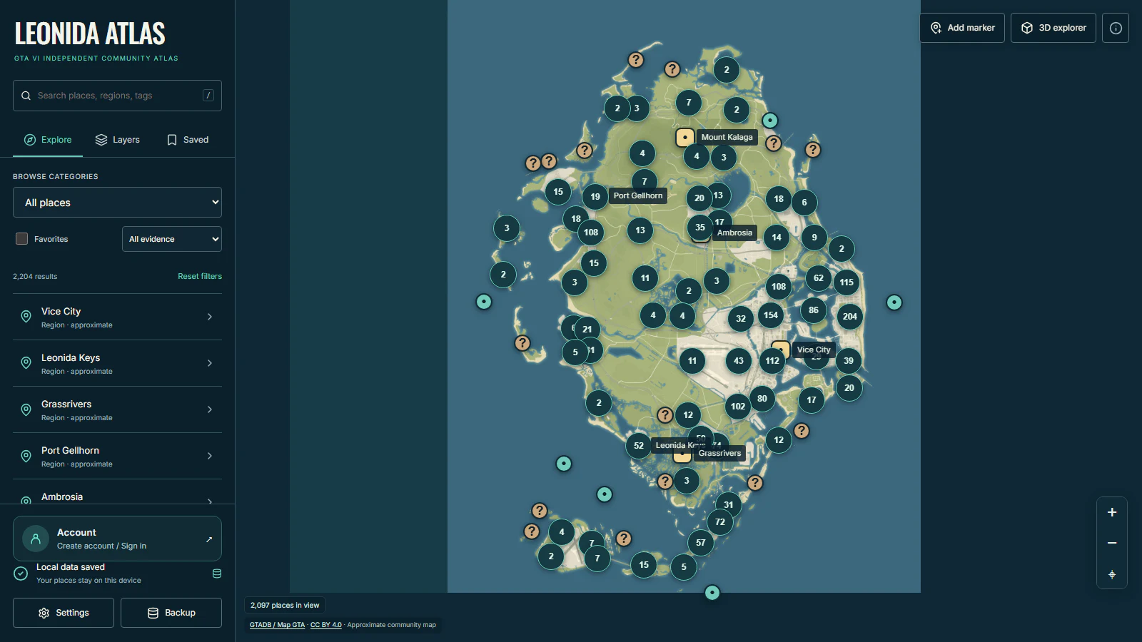 Leonida Atlas showing the full community map, search tools and clustered places