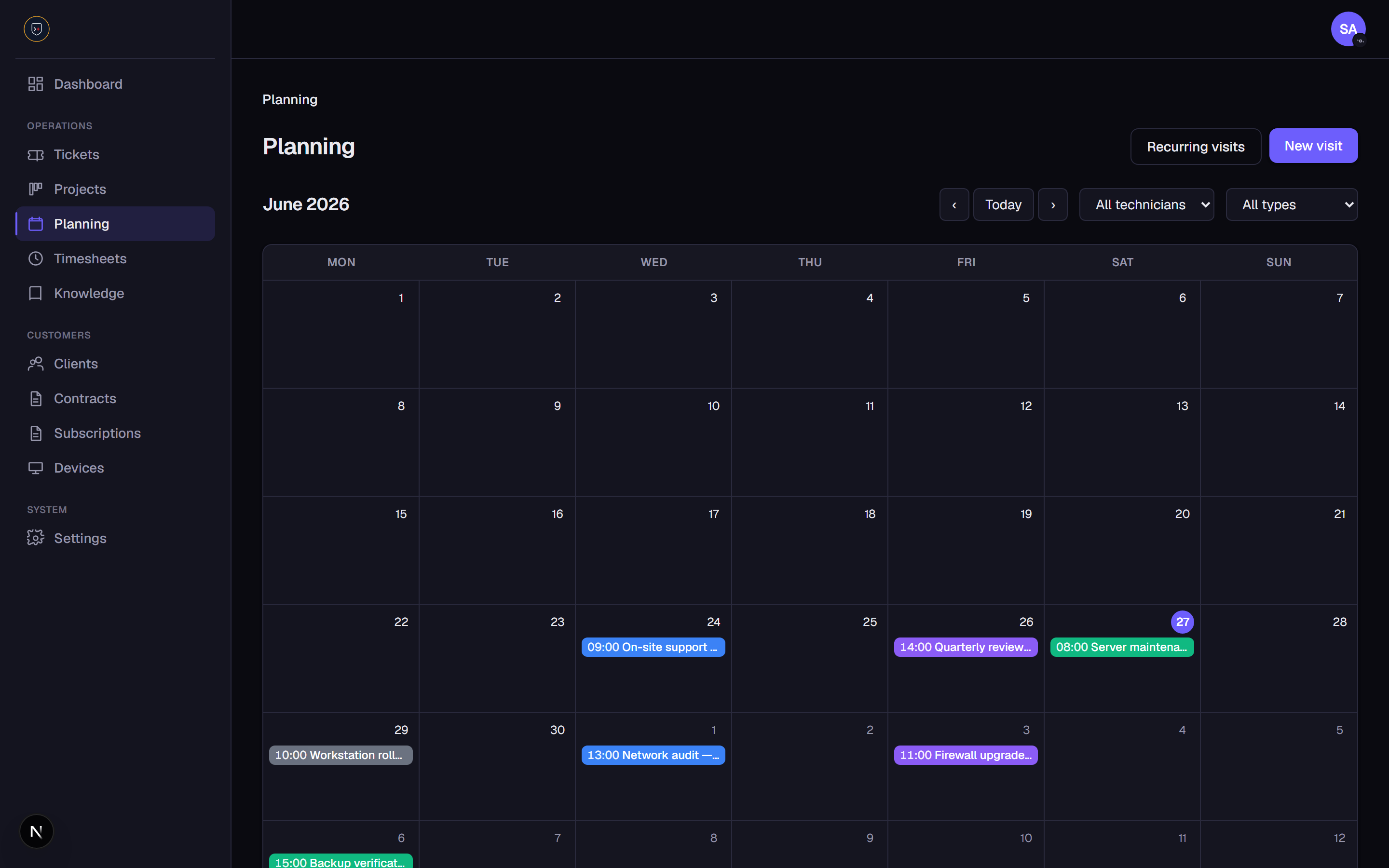 Planning calendar