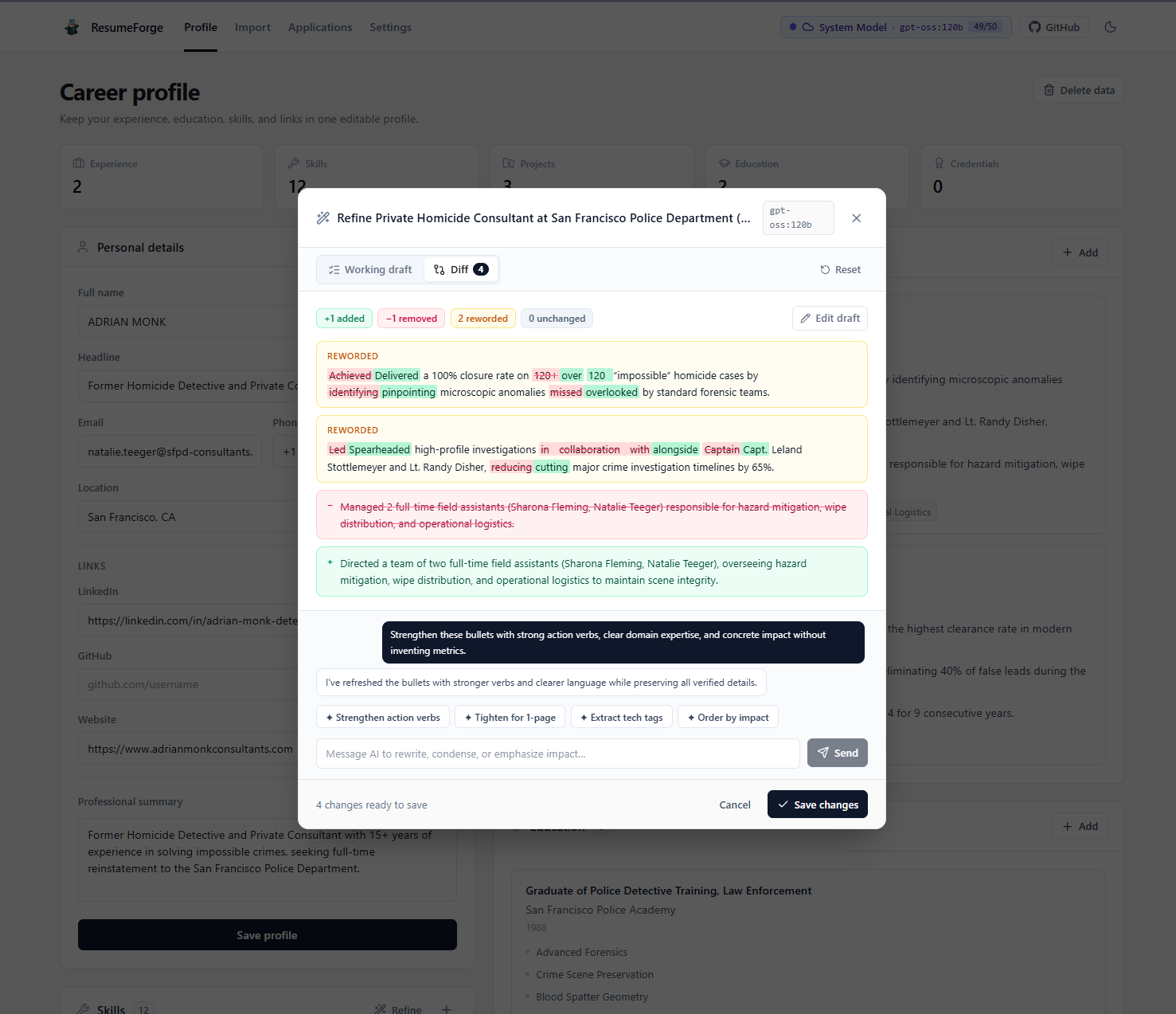 Interactive AI Section Refinement with Diff View