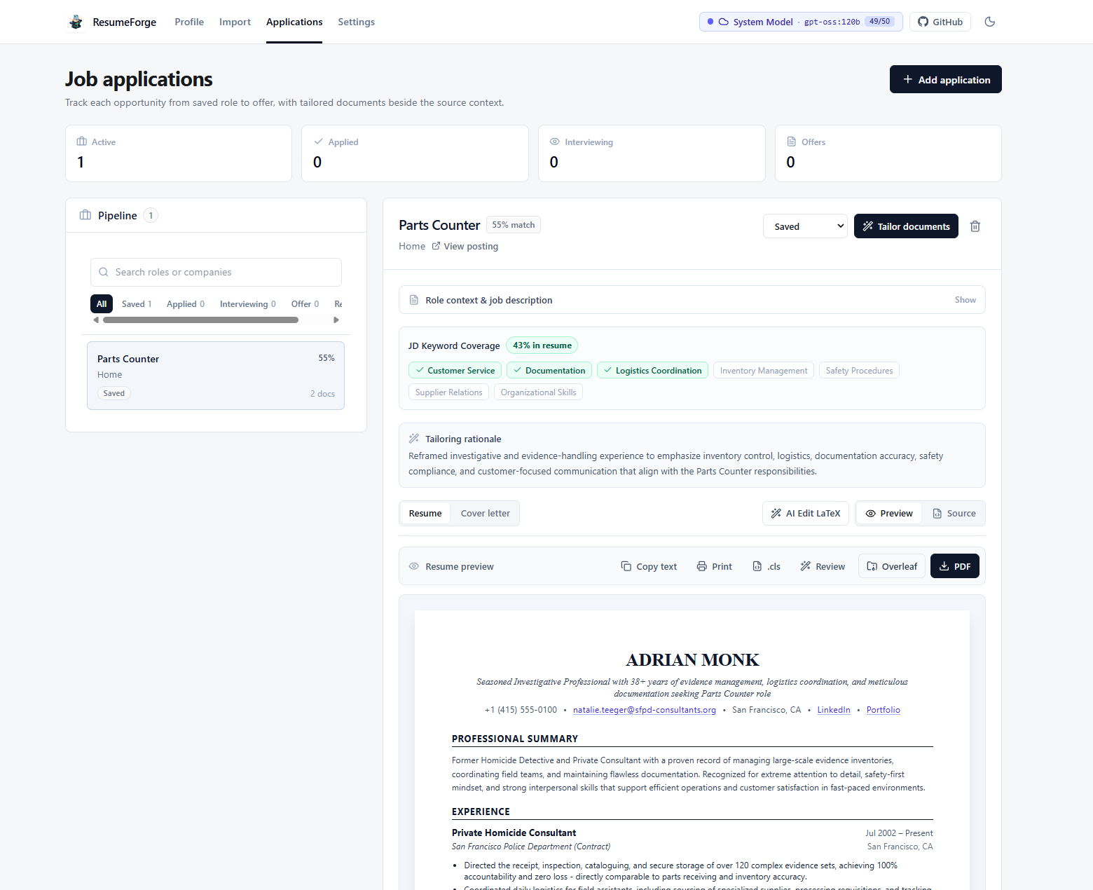 ResumeForge Job Tailoring, Keyword Coverage & Live LaTeX Preview