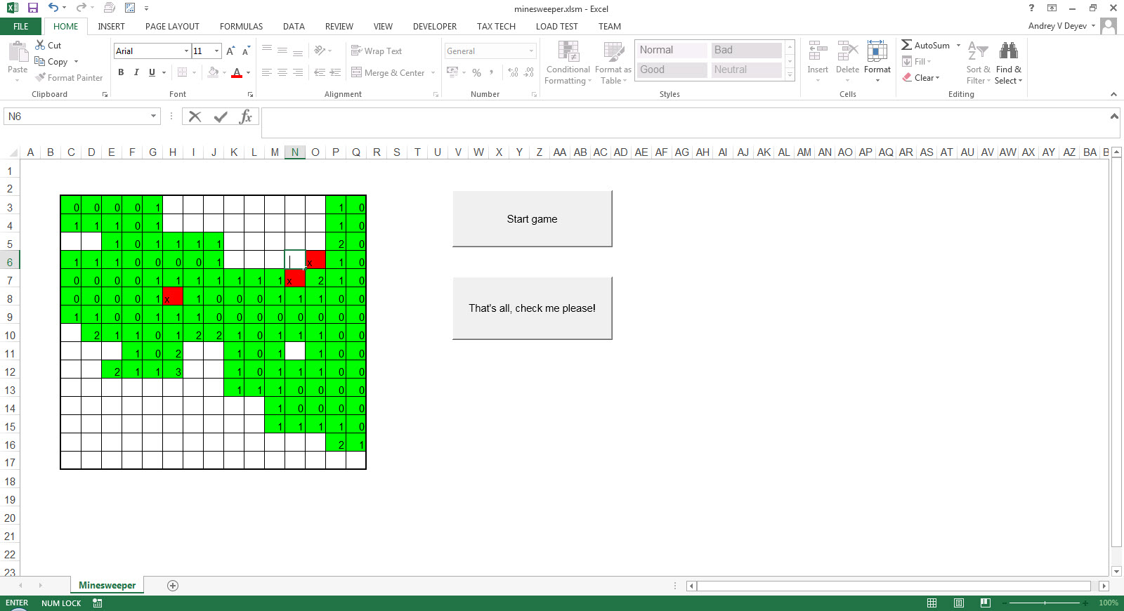 Excel Minesweeper Game Screenshot