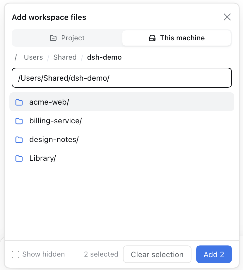 The picker on the This machine tab after typing a path: breadcrumbs from / down to the folder, and its folders listed