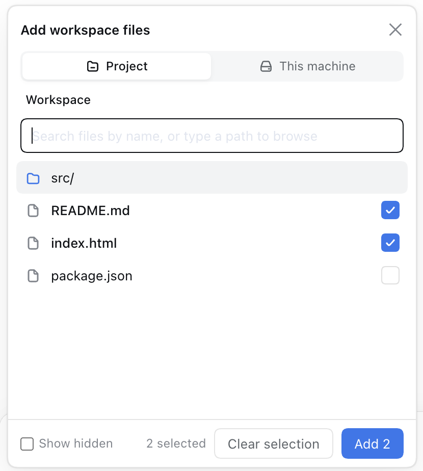 The Add files picker on the Project tab, with two files ticked and the footer reading "2 selected" and "Add 2"