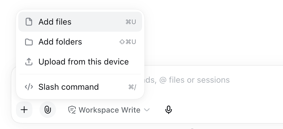 The composer with the + menu open, showing Add files, Add folders, Upload from this device, and Slash command with their shortcuts