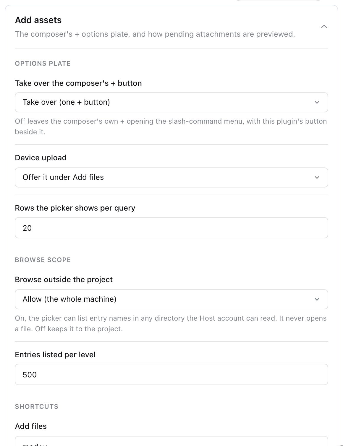 The Add assets card expanded on Settings > Plugins, showing the Options plate, Browse scope, Shortcuts, and Attachment preview groups