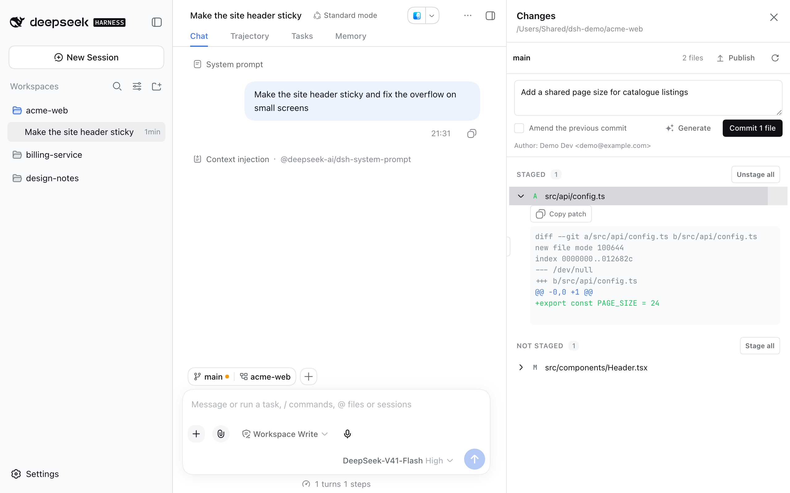 The dock open beside the conversation, showing the Changes panel with staged and unstaged files, a diff, and the commit box