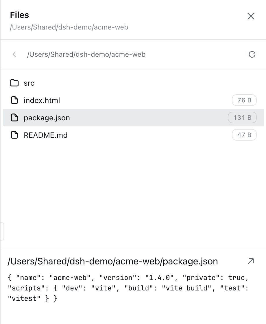 Files panel listing a directory, with a text file previewed