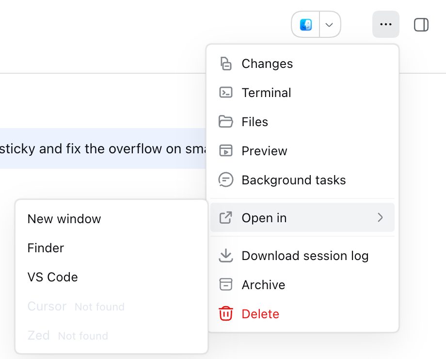 Session header ⋯ menu open: the panel entries, the Open in submenu, Download session log, Archive, and Delete