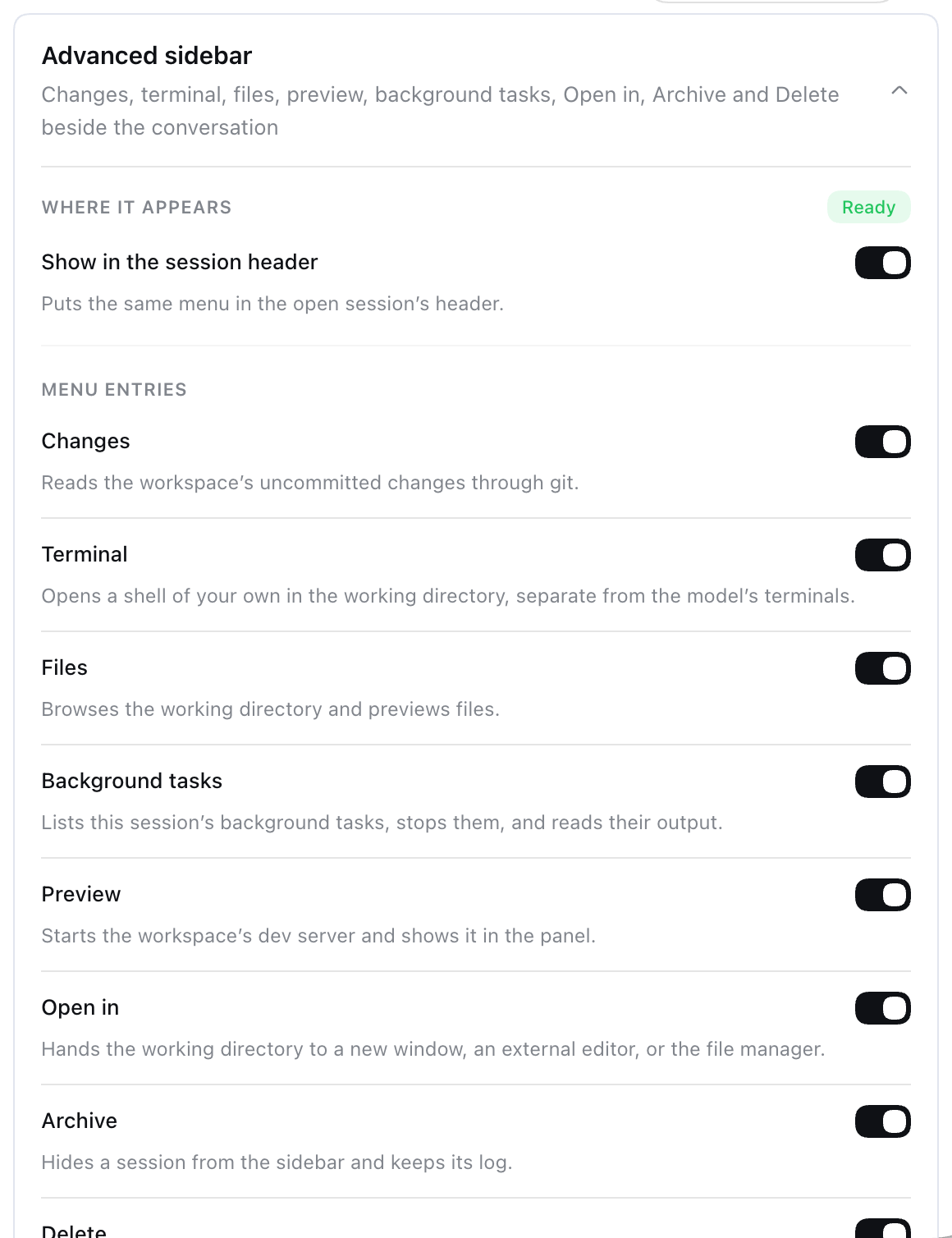 Advanced sidebar settings card, expanded, with menu entry toggles, limits, and the Open in target list