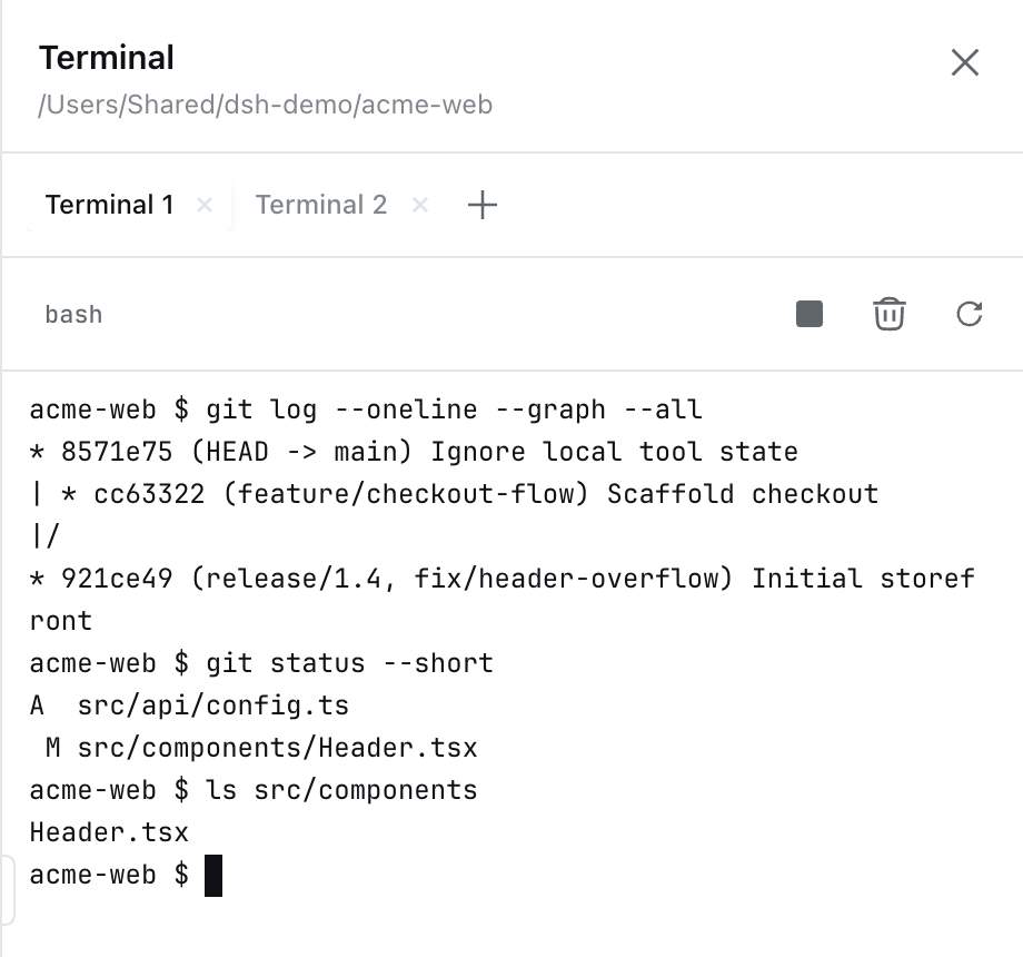 Terminal panel with two shell tabs and git command output