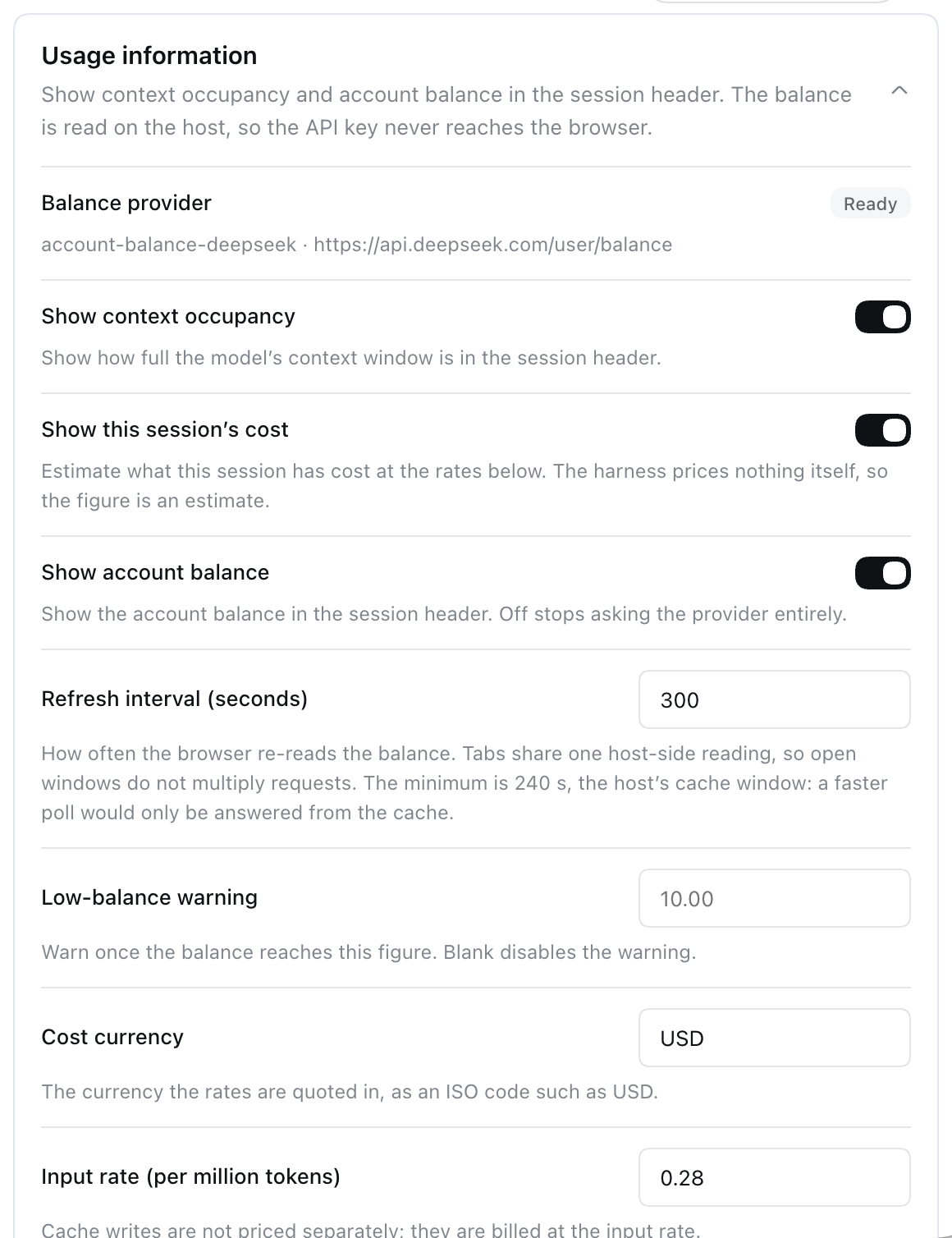 Usage information settings card expanded, with provider status, switches, refresh interval, threshold, currency and rates