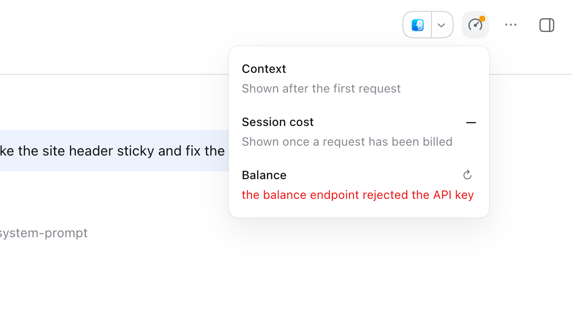 Usage panel open below the gauge button in the session header, before the first billed request: context and cost pending, and the balance section showing a rejected-key error with a retry button