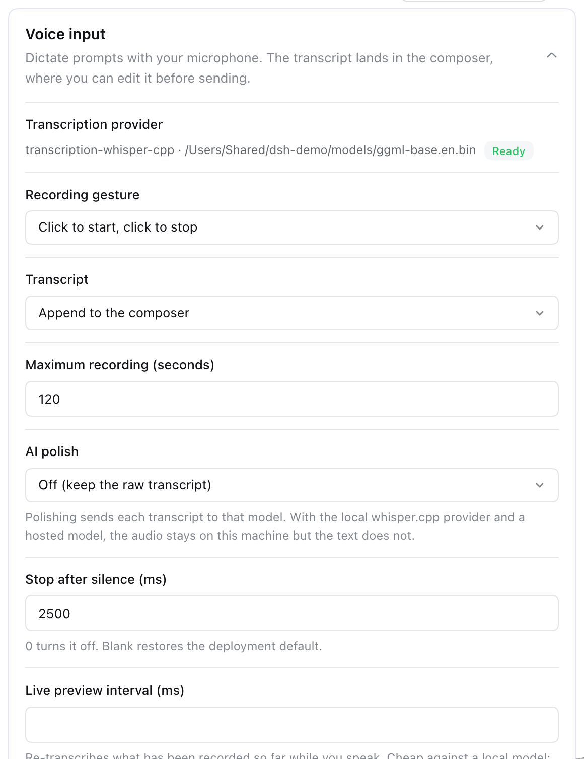 Voice input settings card expanded, showing provider status and the editable fields