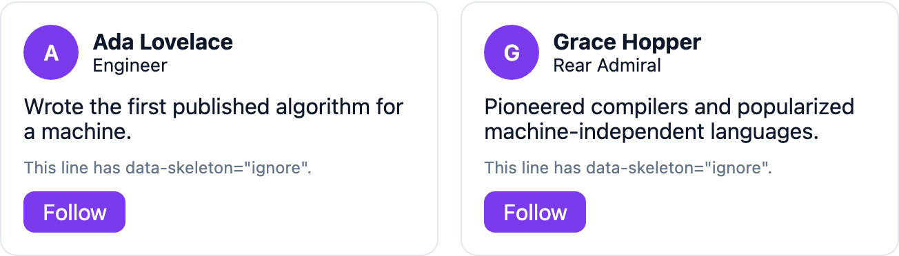 Two user cards switching between their real content and their own skeleton, without moving